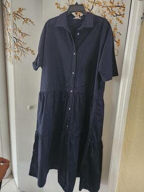 COS Navy Button-Down Tiered Maxi Dress with Short Sleeves